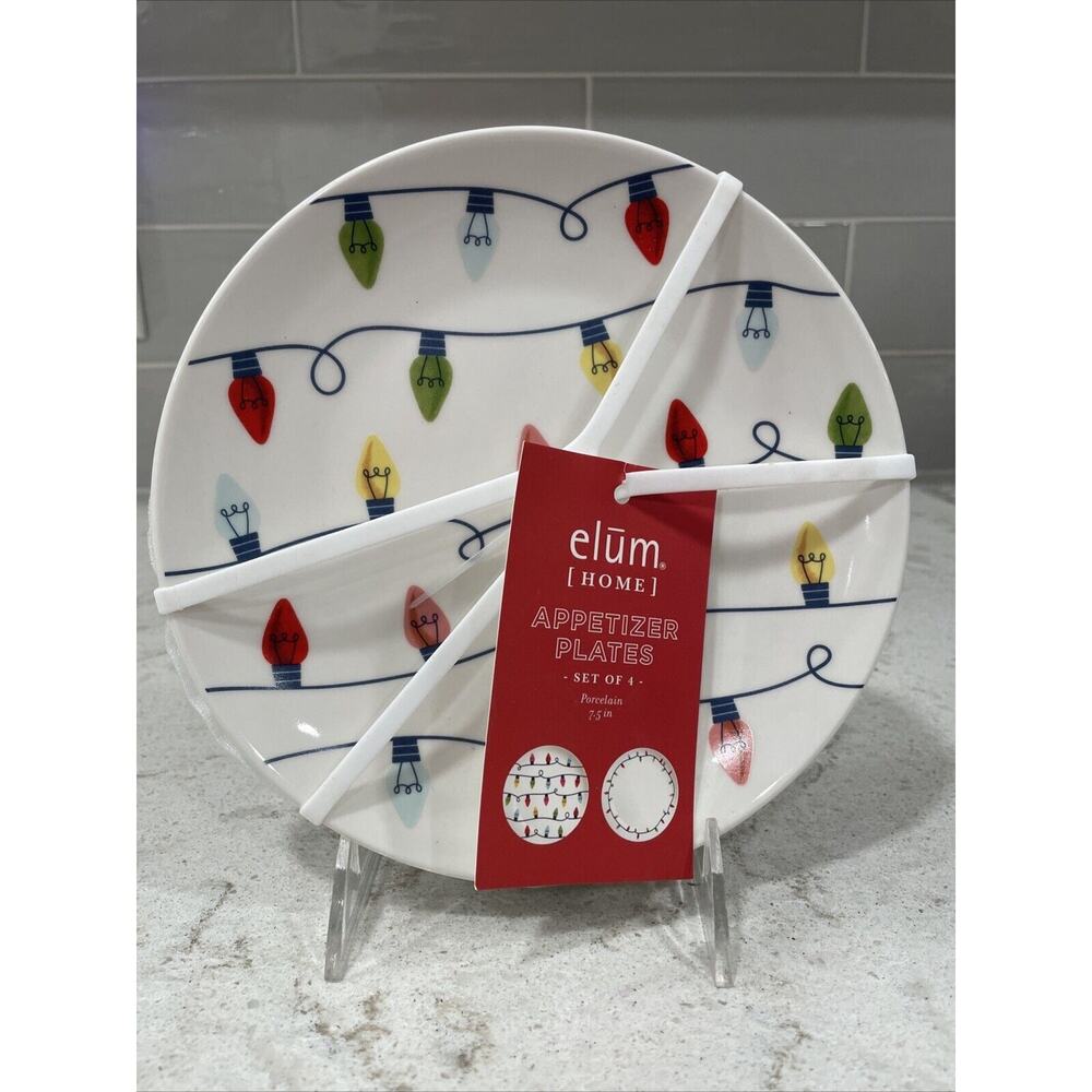 Elum Home CHRISTMAS LIGHTS 7.5 inch Appetizer, Dessert Plates (Set of 4) NEW